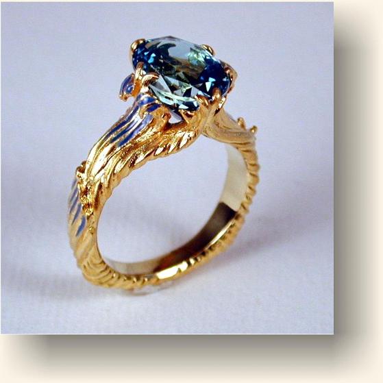 Kim Eric Lilot: 18kt gold Aquamarine and enamels ring.